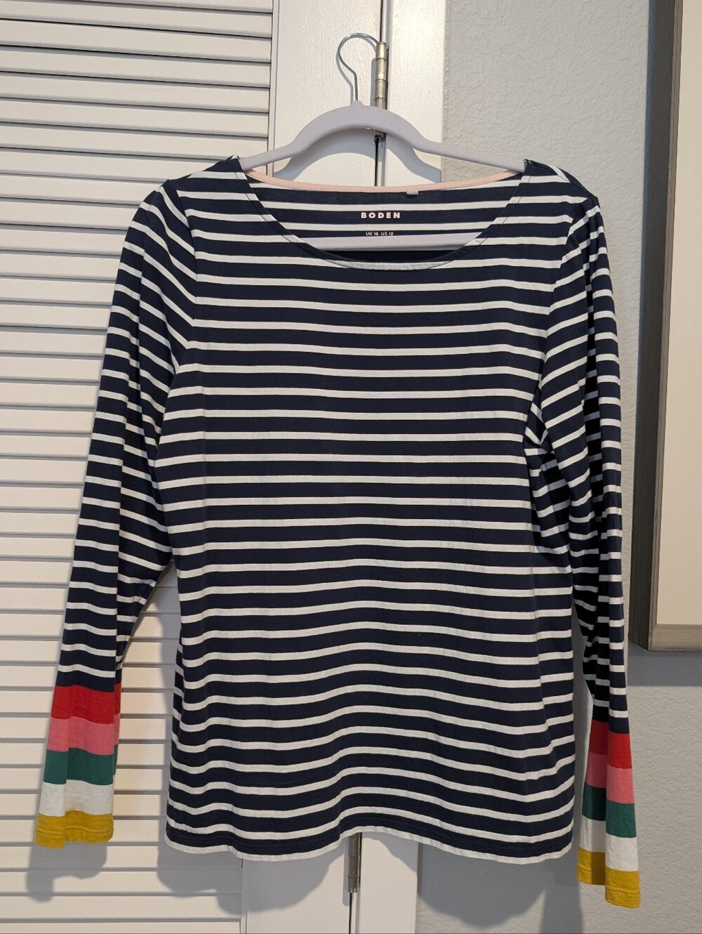 Boden Navy & White Striped Long-Sleeve Tee with Multicolor Cuffs